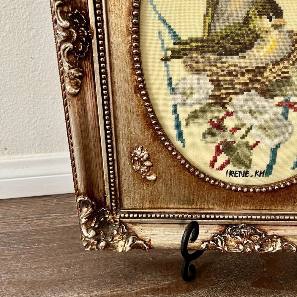 1977 Elegant Gold Framed Bird Embroidery Art 14/18 inch